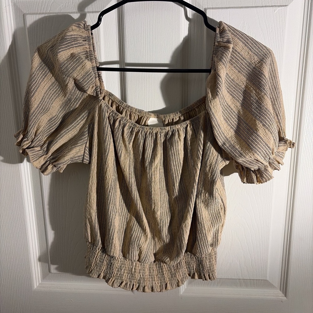 H&M Beige and Black Striped Off-Shoulder Puff Sleeve Top